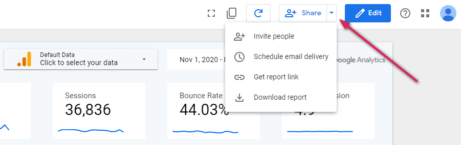 ปุ่มแชร์ใน Google Data Studio