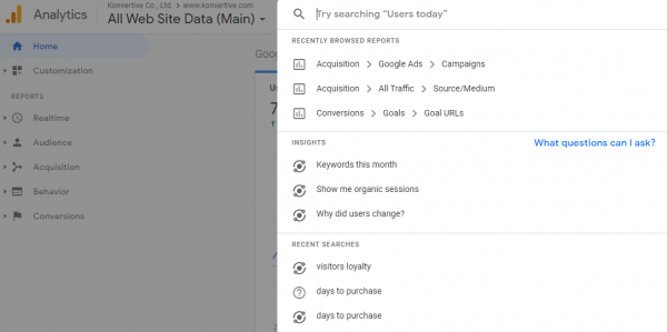 ga-search-box คุณสามารถพิมพ์คำถามในช่องค้นหาใน GA เพื่อให้ทางระบบทำการหาคำตอบให้คุณได้ด้วยนะครับ