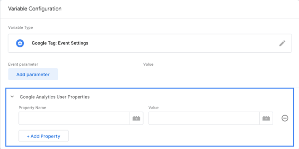 Parameters ในส่วนของ User Properties ใน Event Settings Variable