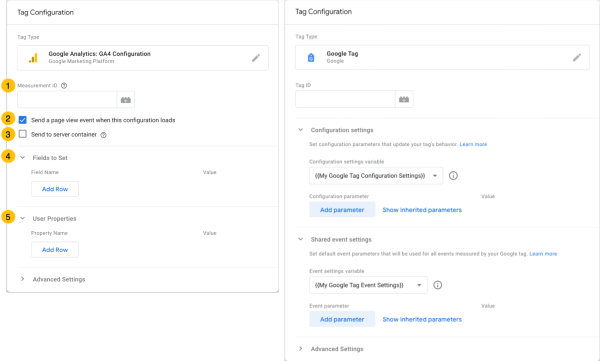 รูปซ้ายคือ 'Google Analytics: GA4 Configuration' ของเดิม ส่วนรูปด้านขวาคือ 'Google Tag' ตัวใหม่ที่มาแทน
